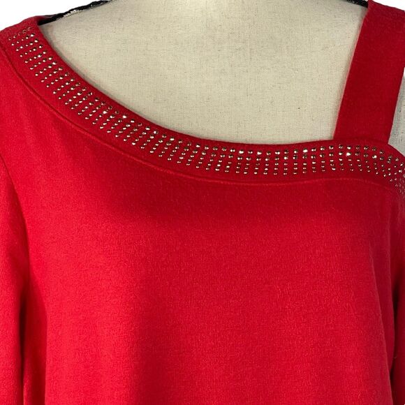 JM Collection 1X-Large Sweater Embellished Scoop Neck 3/4 Sleeve Cold-Shoulder - Picture 2 of 9